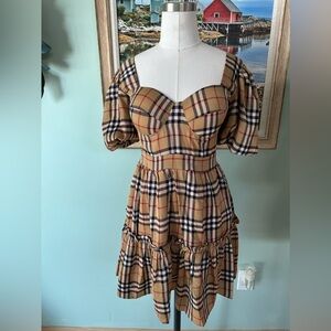 Nova Check Tartan Mini Dress Ruffle Puff Sleeve Women's Small Medium